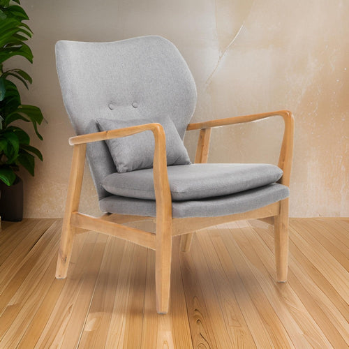 Keya Accent Chair, 1 Pillow, Gray, Button Tufted Back, Light Brown Wood By Casagear Home