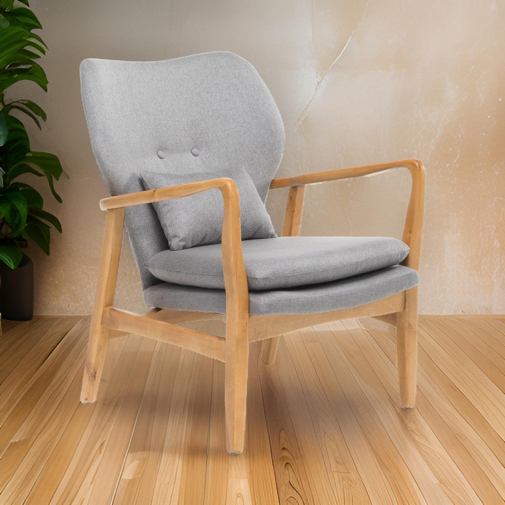 Keya Accent Chair, 1 Pillow, Gray, Button Tufted Back, Light Brown Wood By Casagear Home