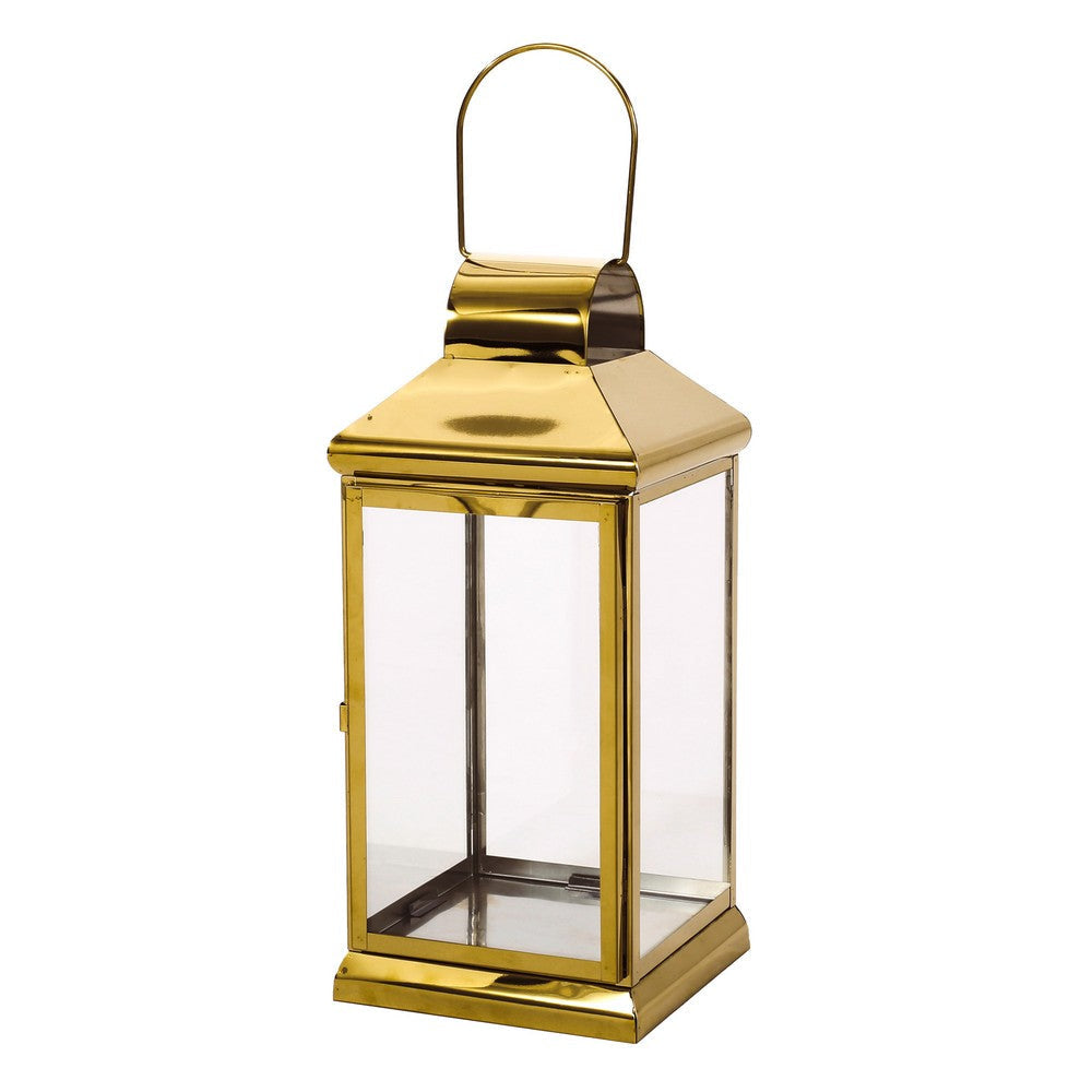 Giana 16 Inch Lantern, Square Gold Stainless Steel Frame, Tempered Glass By Casagear Home