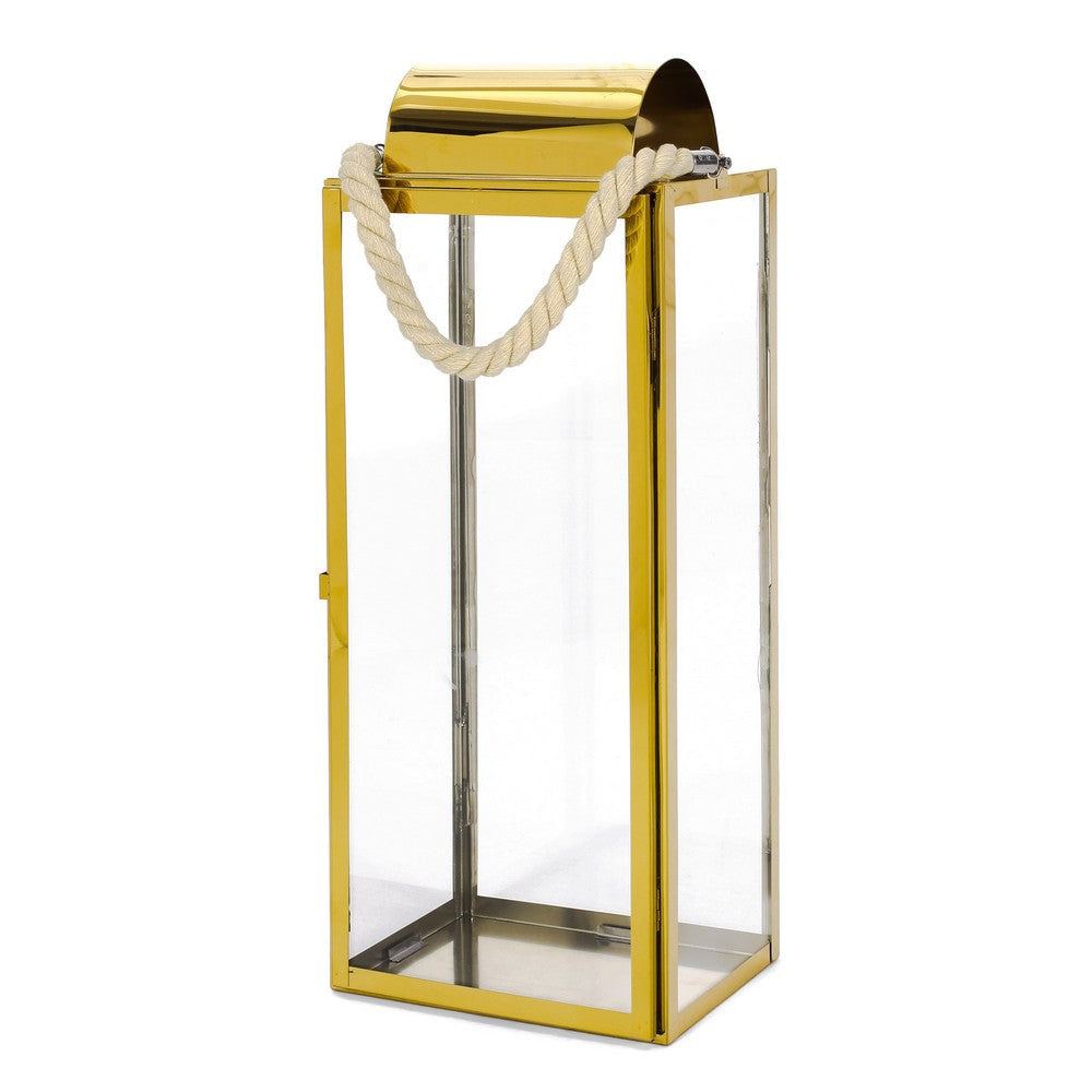 Bobby 22 Inch Lantern, Gold Stainless Steel, Curved Cap, Rope Handle By Casagear Home