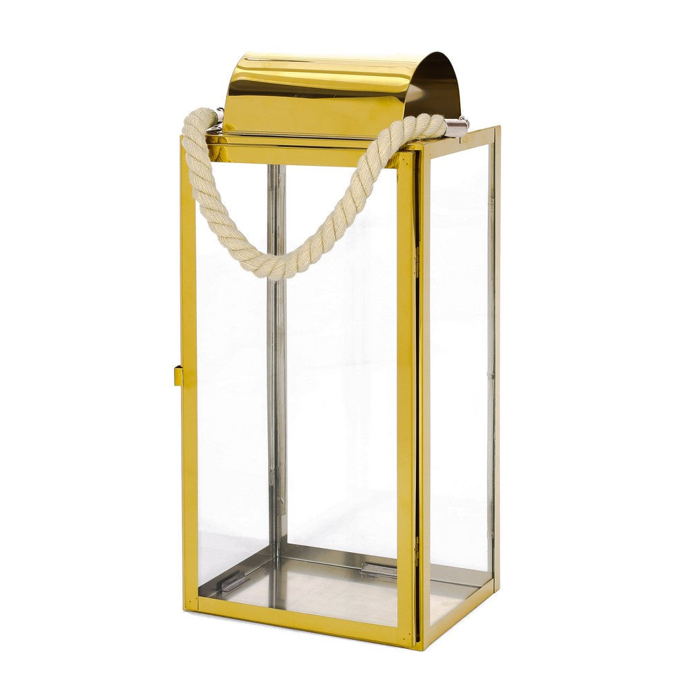 Bobby 19 Inch Lantern, Gold Stainless Steel, Curved Cap, Rope Handle By Casagear Home