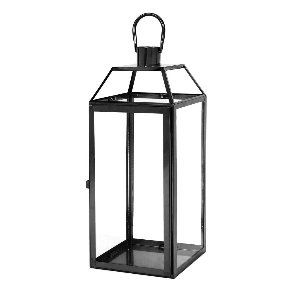 Hari 18 Inch Lantern, Black Stainless Steel, Wire Handle, Tempered Glass By Casagear Home