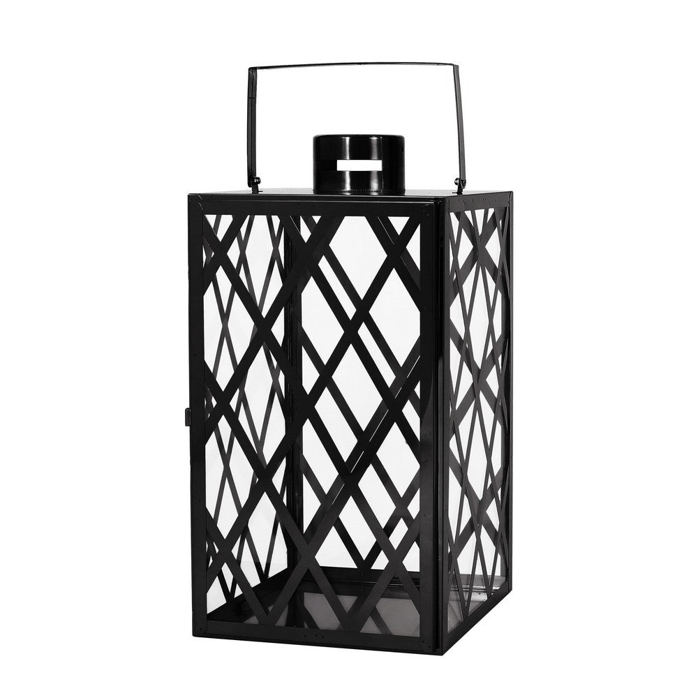 Dove 18 Inch Lantern, Lattice Black Stainless Steel, Tempered Glass By Casagear Home