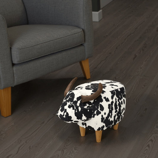 Massy Cow Kids Ottoman 25 Inches, Black, White Velvet, Light Brown Horn By Casagear Home