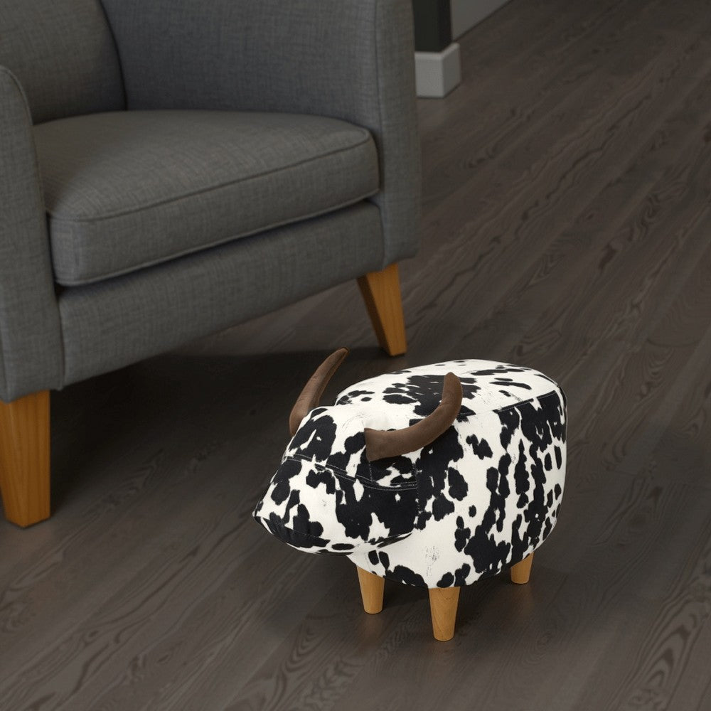 Massy Cow Kids Ottoman 25 Inches, Black, White Velvet, Light Brown Horn By Casagear Home