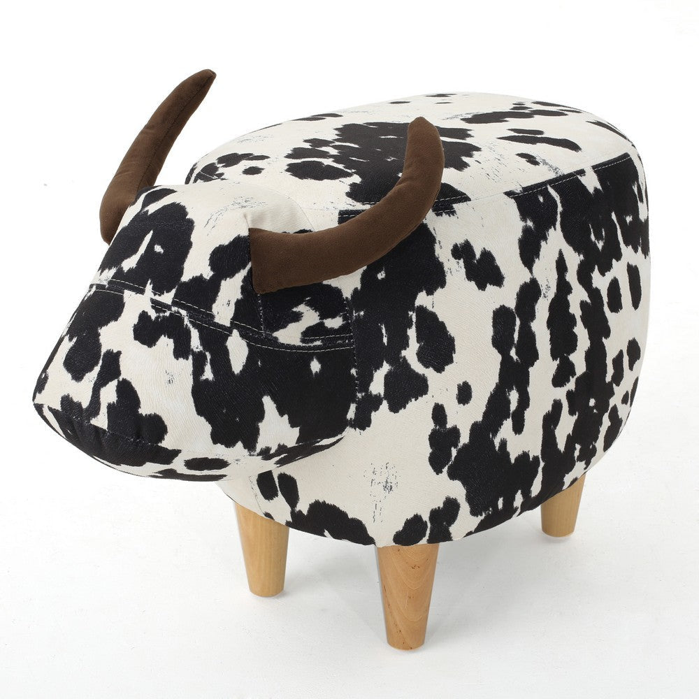 Massy Cow Kids Ottoman 25 Inches, Black, White Velvet, Light Brown Horn By Casagear Home