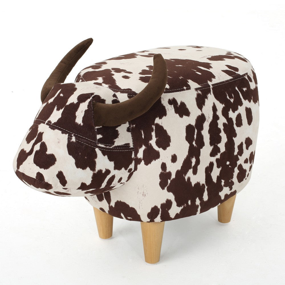 Massy Cow Kids Ottoman 25 Inches, Brown, White Velvet, Light Brown Horn By Casagear Home