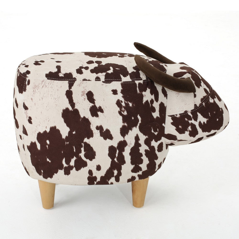 Massy Cow Kids Ottoman 25 Inches, Brown, White Velvet, Light Brown Horn By Casagear Home