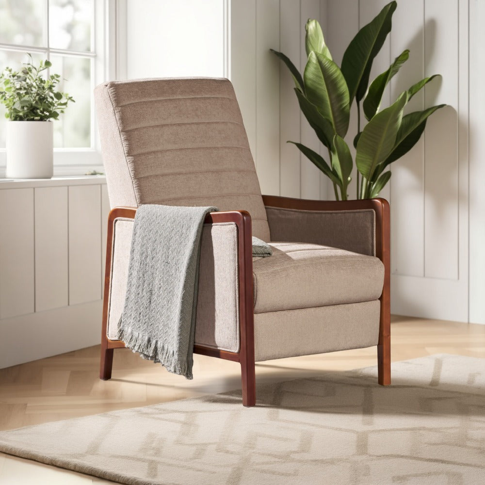 Ryka Pushback Manual Recliner Chair, Channel Stitch Beige, Birch Wood By Casagear Home