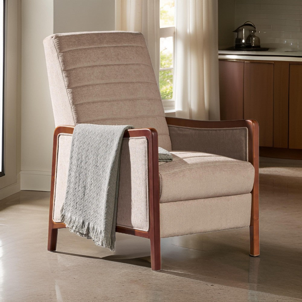 Ryka Pushback Manual Recliner Chair, Channel Stitch Beige, Birch Wood By Casagear Home