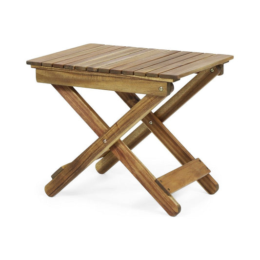 Kyre Outdoor Side Table, Foldable Slatted 23 Inch, Brown Acacia Wood By Casagear Home