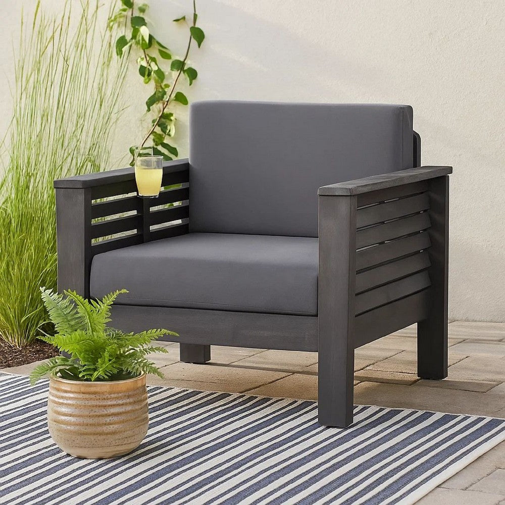 Quim Outdoor Club Chair, Shutter Slat Panel, Gray Acacia Wood, Gray Fabric By Casagear Home