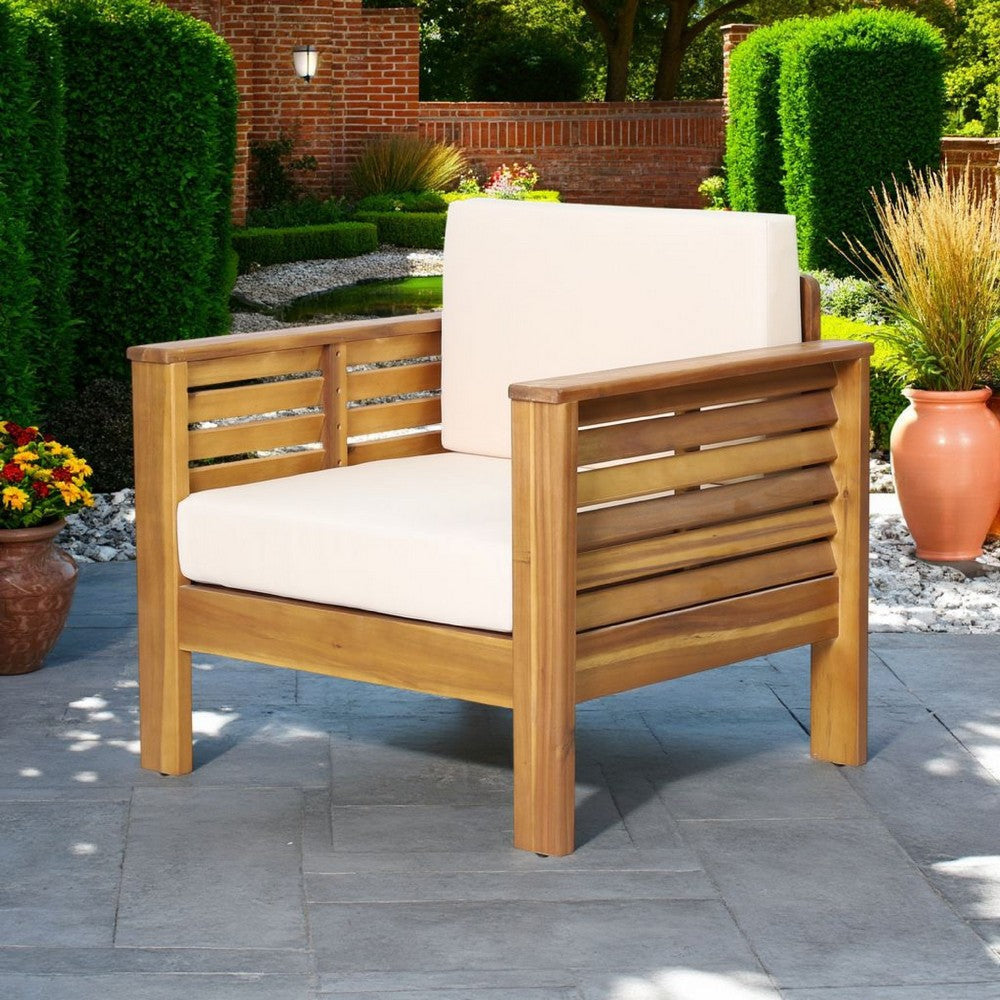 Quim Outdoor Club Chair, Shutter Slat Panel, Brown Acacia Wood, Beige By Casagear Home