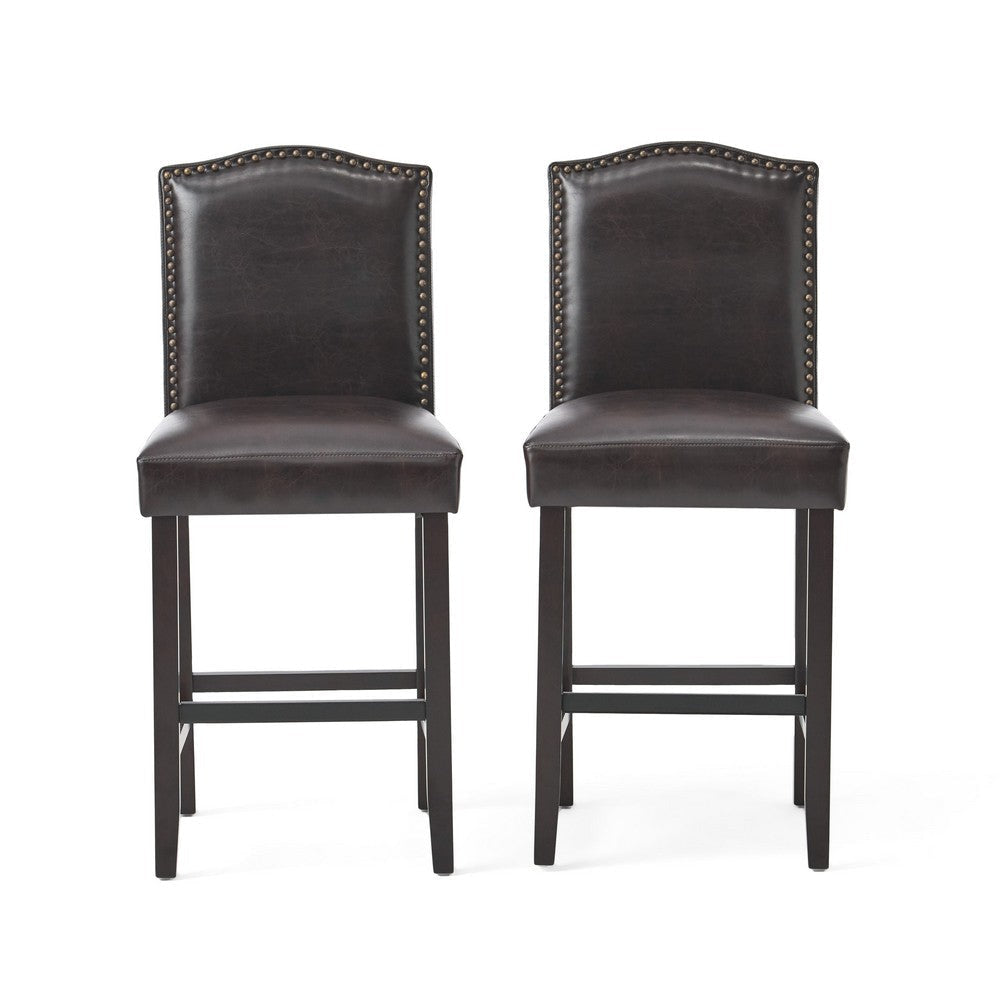 Counter Height Chair Set of 2 Nailhead Trim Brown and Walnut Faux Leather By Casagear Home BM321703