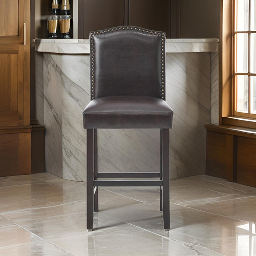 Counter Height Chair Set of 2, Nailhead Trim, Brown and Walnut Faux Leather By Casagear Home