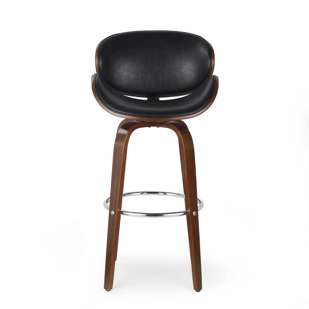 Zaine Swivel Barstool Chair Walnut Veneer Black Faux Leather By Casagear Home BM321706