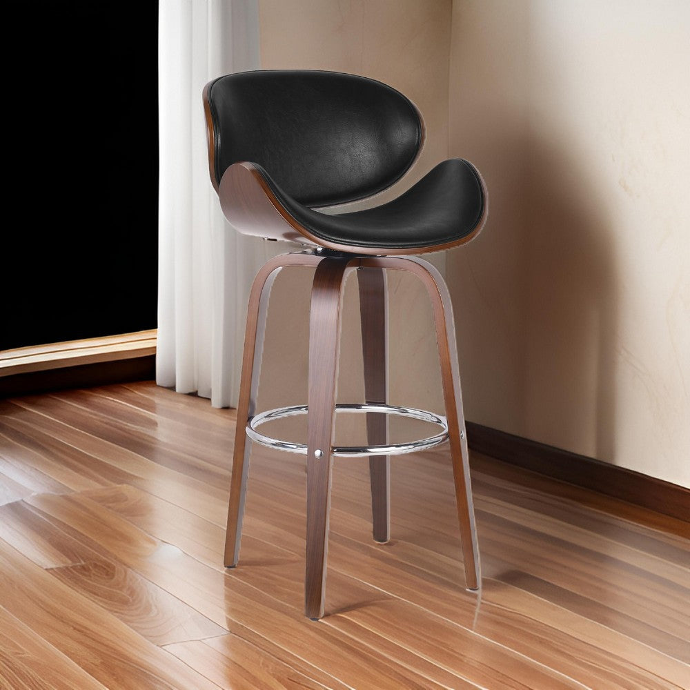 Zaine Swivel Barstool Chair, Walnut Veneer, Black Faux Leather By Casagear Home