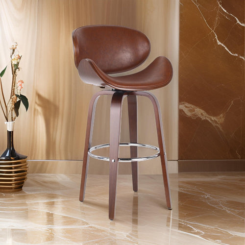 Zaine Swivel Barstool Chair, Walnut Veneer, Brown Faux Leather By Casagear Home