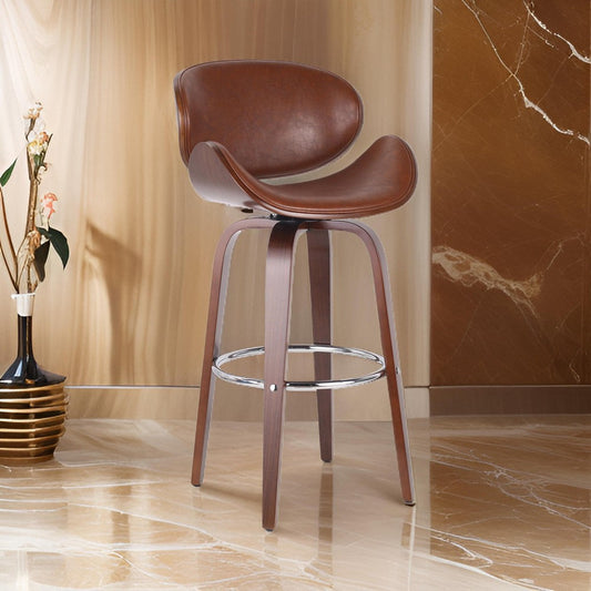 Zaine Swivel Barstool Chair, Walnut Veneer, Brown Faux Leather By Casagear Home