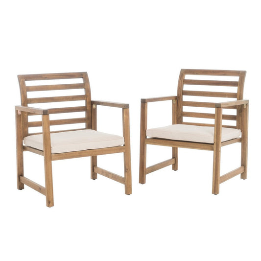 Outdoor Club Chair Set of 2, Slat Back, Brown Acacia Wood, White Fabric By Casagear Home