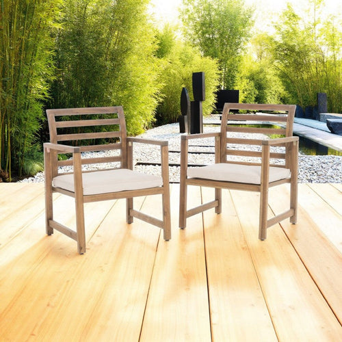 Outdoor Club Chair Set of 2, Slat Back, Brown Acacia Wood, White Fabric By Casagear Home