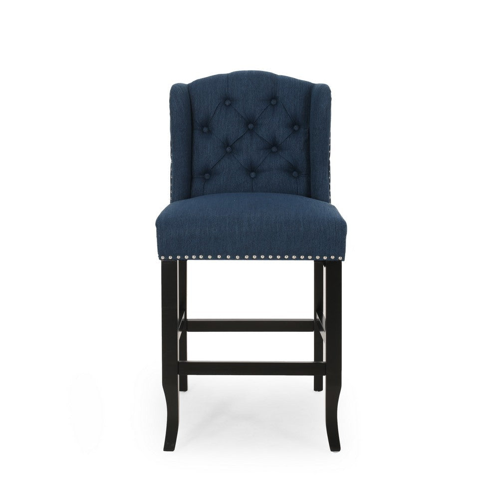 Counter Height Chair Set of 2 Tufted Wingback Nailhead Trim Navy Blue By Casagear Home BM321712