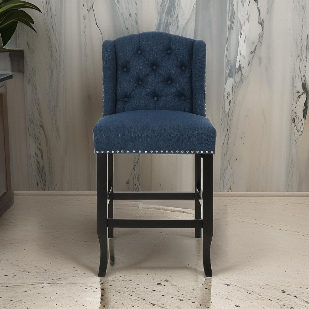 Counter Height Chair Set of 2, Tufted Wingback, Nailhead Trim, Navy Blue By Casagear Home