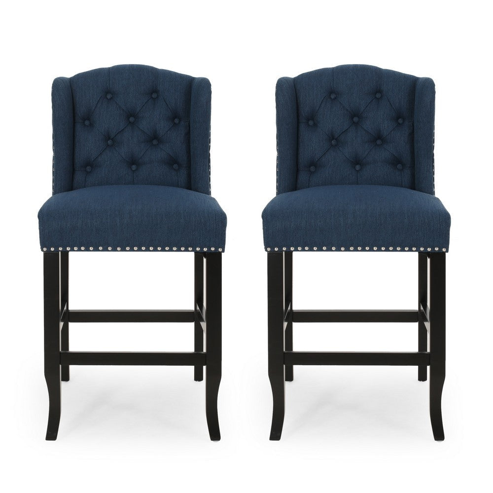 Counter Height Chair Set of 2, Tufted Wingback, Nailhead Trim, Navy Blue By Casagear Home