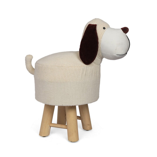 Kids Ottoman Stool, Dog Theme 21 Inch, Brown Wood, Off-White Corduroy By Casagear Home