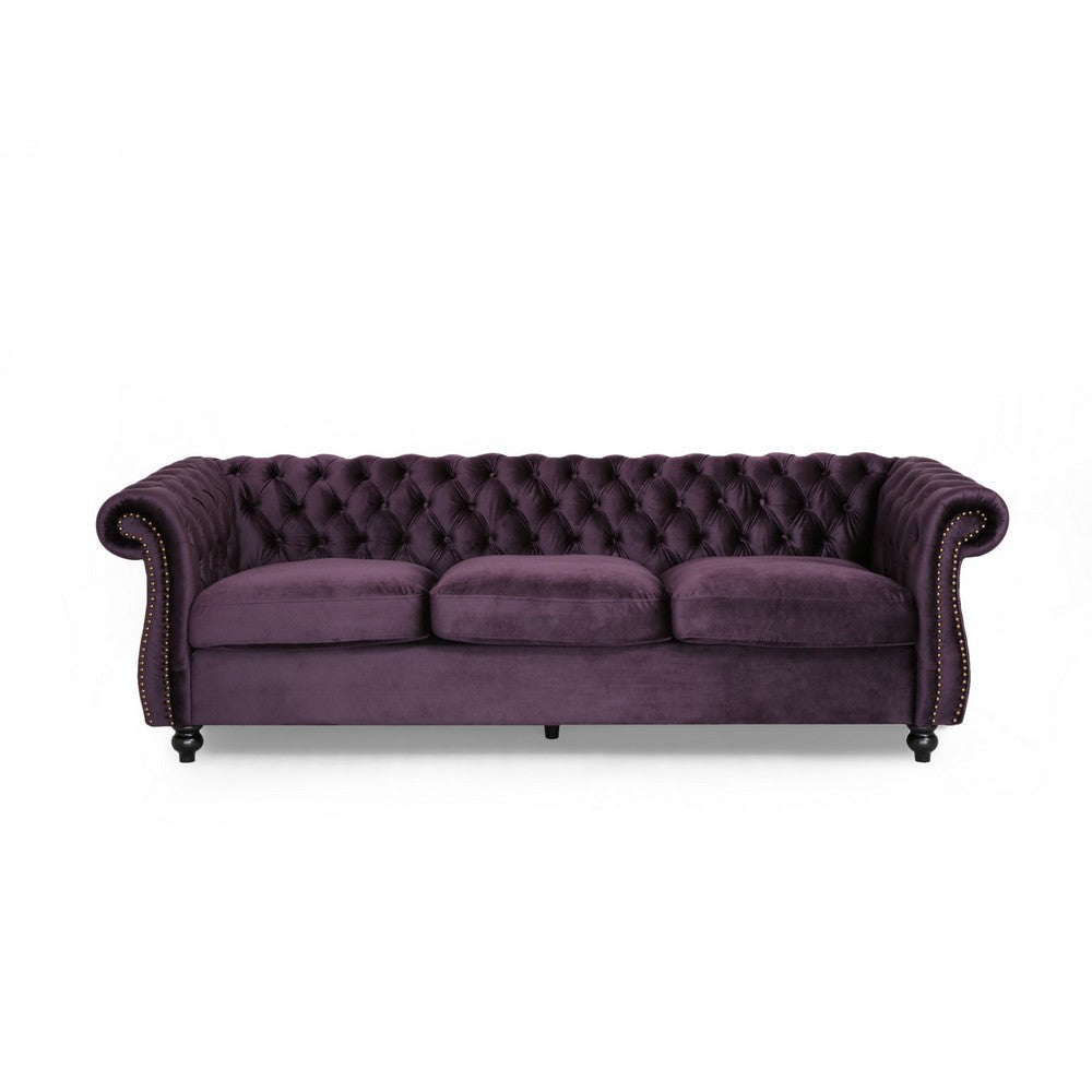 Feji Sofa 85 Inch Button Tufted Nailhead Trim Blackberry Purple Velvet By Casagear Home BM321717