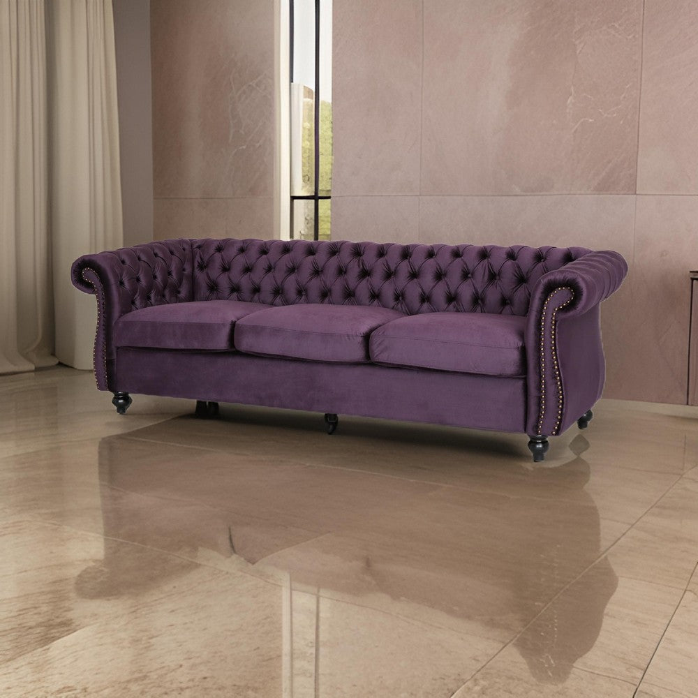 Feji Sofa, 85 Inch, Button Tufted, Nailhead Trim, Blackberry Purple Velvet By Casagear Home