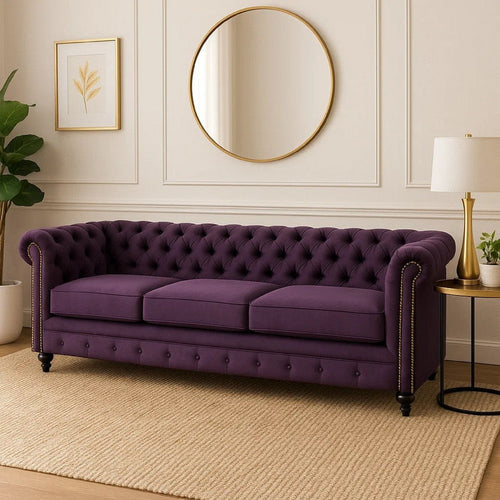 Feji Sofa, 85 Inch, Button Tufted, Nailhead Trim, Blackberry Purple Velvet By Casagear Home