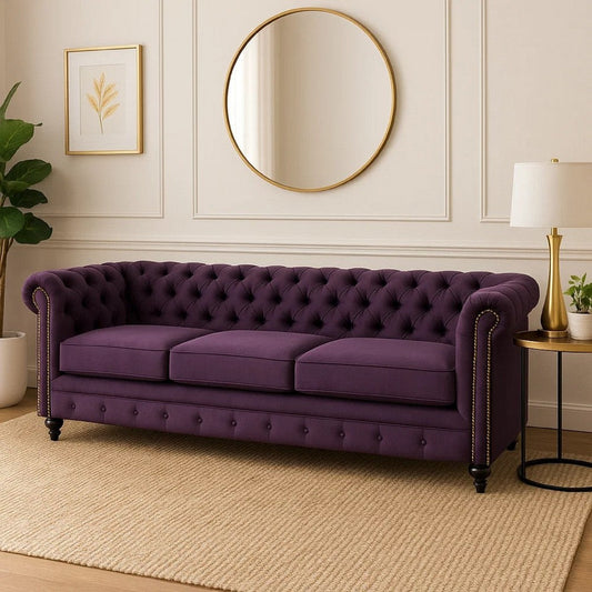 Feji Sofa, 85 Inch, Button Tufted, Nailhead Trim, Blackberry Purple Velvet By Casagear Home