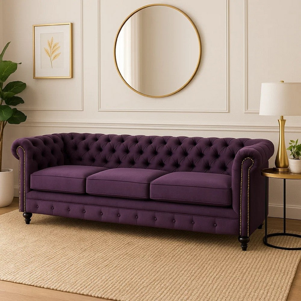Feji Sofa, 85 Inch, Button Tufted, Nailhead Trim, Blackberry Purple Velvet By Casagear Home