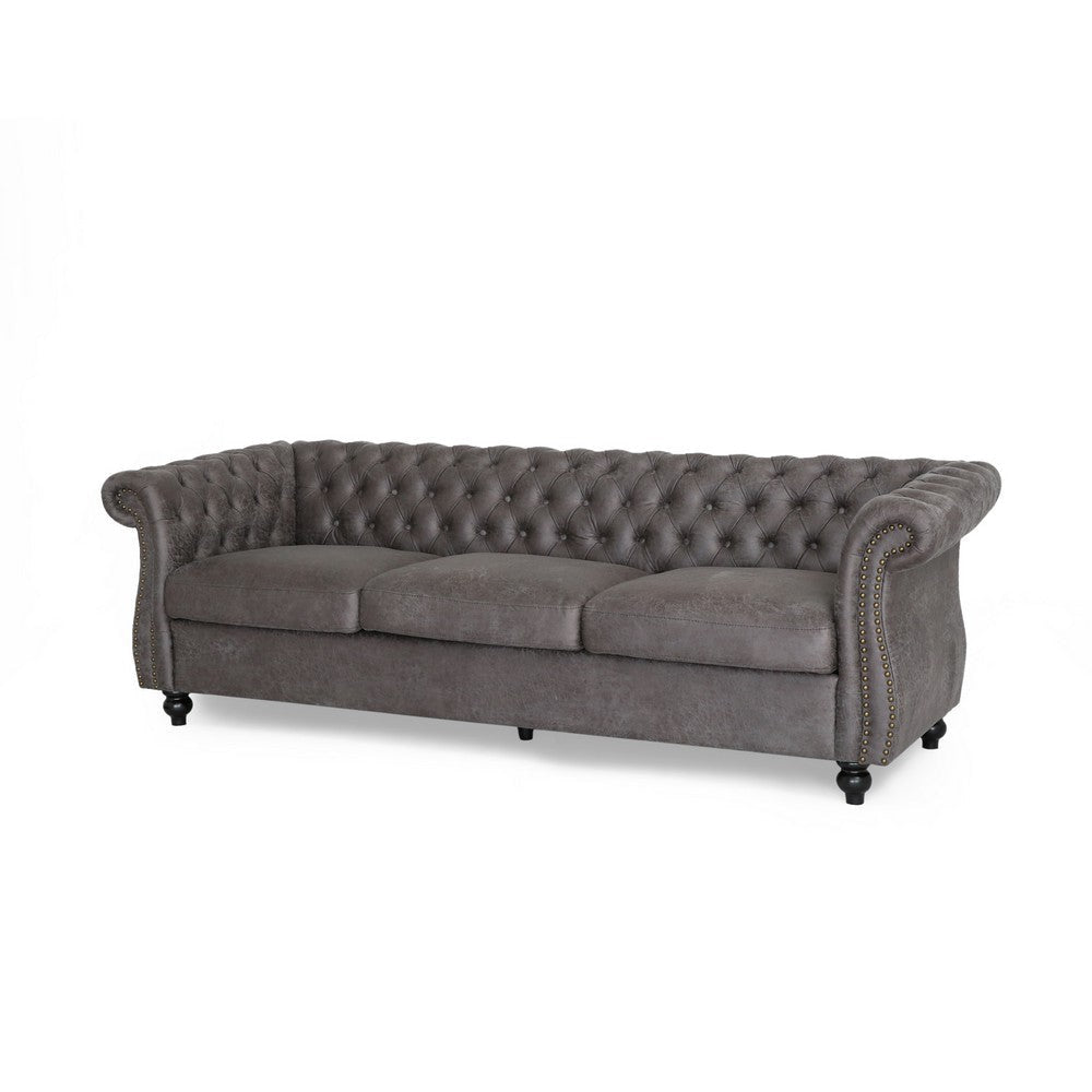 Feji Sofa, 85 Inch, Button Tufted, Nailhead Trim, Slate Gray Microfiber By Casagear Home