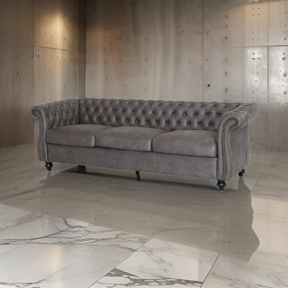 Feji Sofa, 85 Inch, Button Tufted, Nailhead Trim, Slate Gray Microfiber By Casagear Home