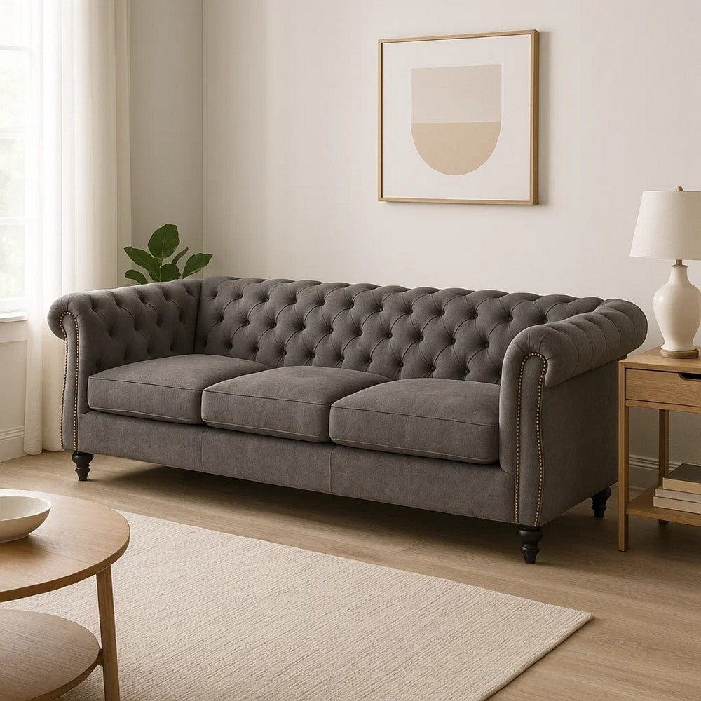 Feji Sofa, 85 Inch, Button Tufted, Nailhead Trim, Slate Gray Microfiber By Casagear Home