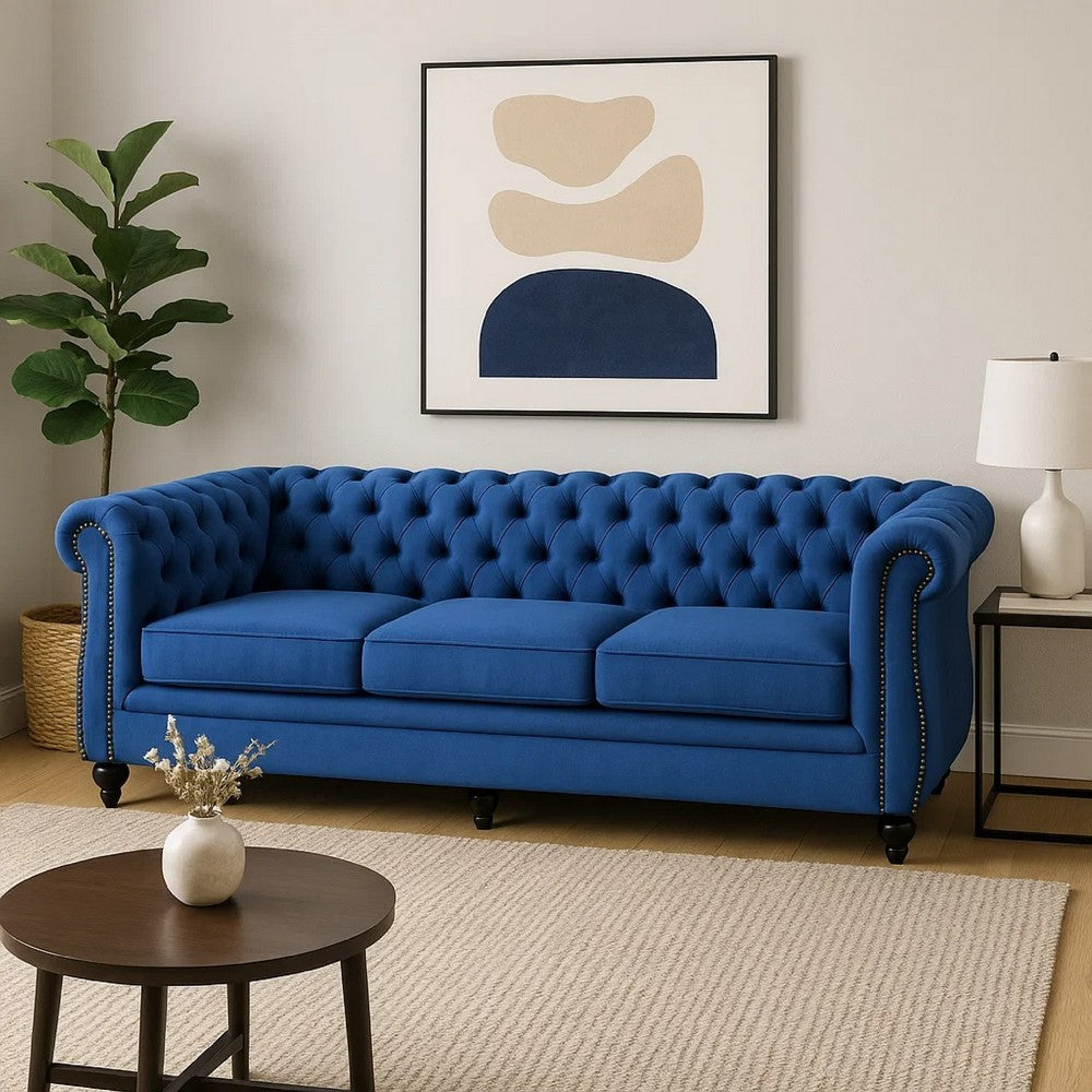 Feji Sofa, 85 Inch, Nailhead Trim, Classic Button Tufted Navy Blue Velvet By Casagear Home