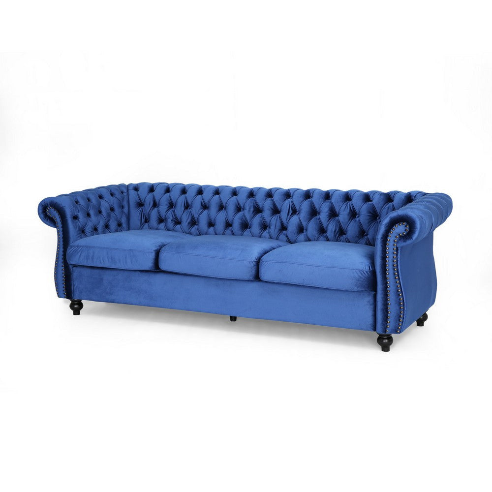 Feji Sofa, 85 Inch, Nailhead Trim, Classic Button Tufted Navy Blue Velvet By Casagear Home