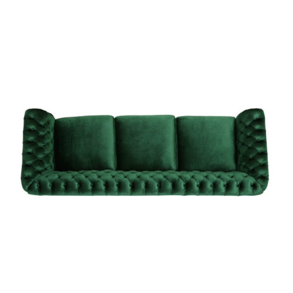 Feji Sofa 85 Inch Nailhead Trim Button Tufted Emerald Green Velvet By Casagear Home