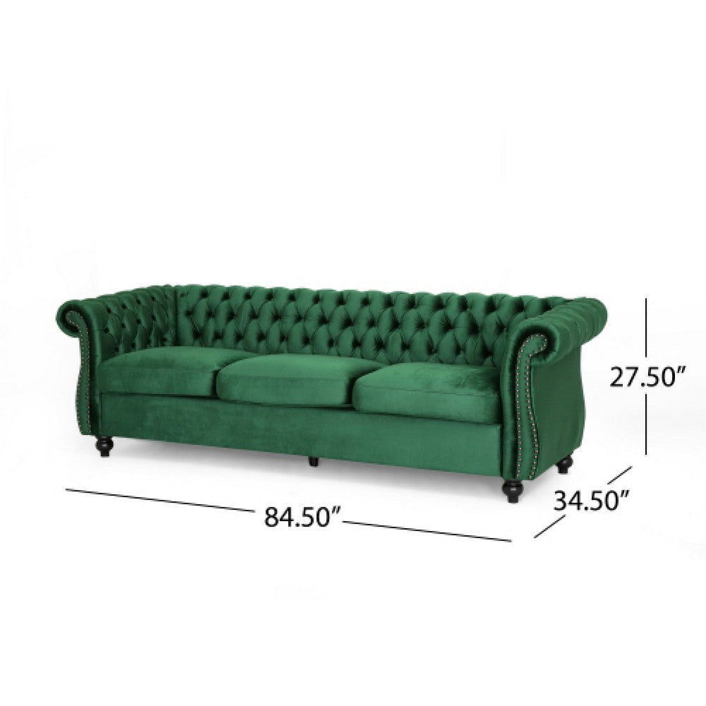 Feji Sofa 85 Inch Nailhead Trim Button Tufted Emerald Green Velvet By Casagear Home