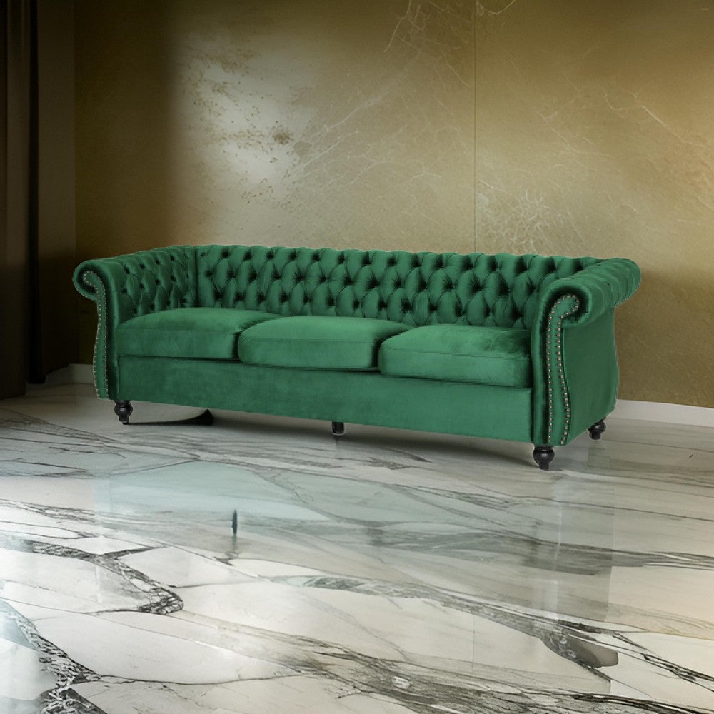 Feji Sofa, 85 Inch, Nailhead Trim, Button Tufted Emerald Green Velvet By Casagear Home