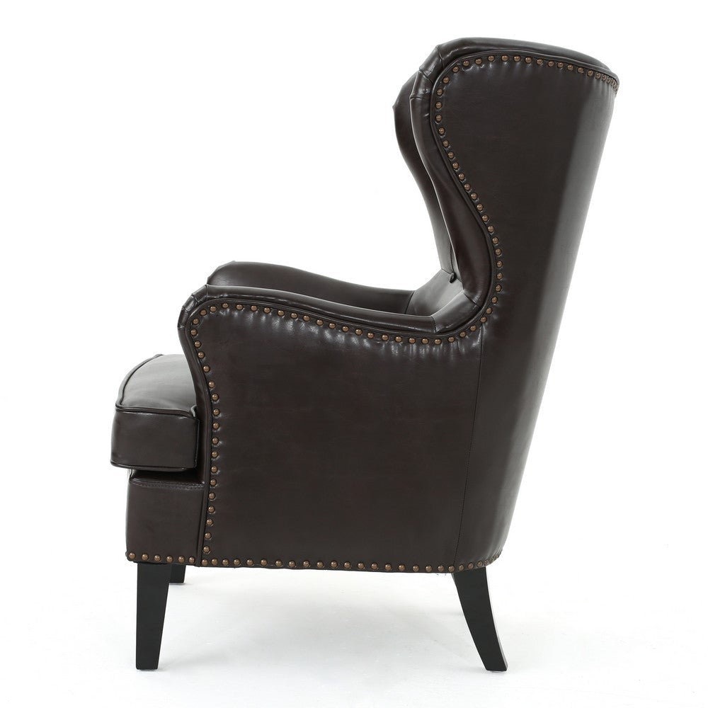 Laira Club Accent Chair Wingback Nailhead Trim Rich Brown Faux Leather By Casagear Home BM321722