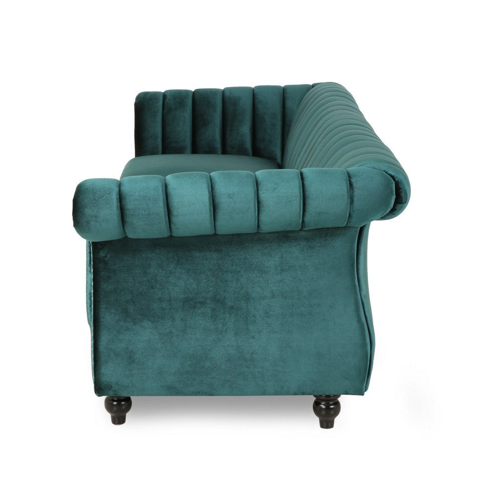 Omny Sofa 84 Inch Nailhead Trim Scroll Arms Channel Tufted Teal Velvet By Casagear Home BM321723