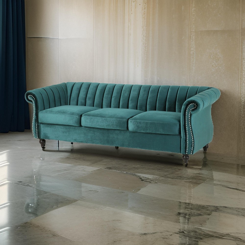 Omny Sofa, 84 Inch, Nailhead Trim, Scroll Arms, Channel Tufted Teal Velvet By Casagear Home