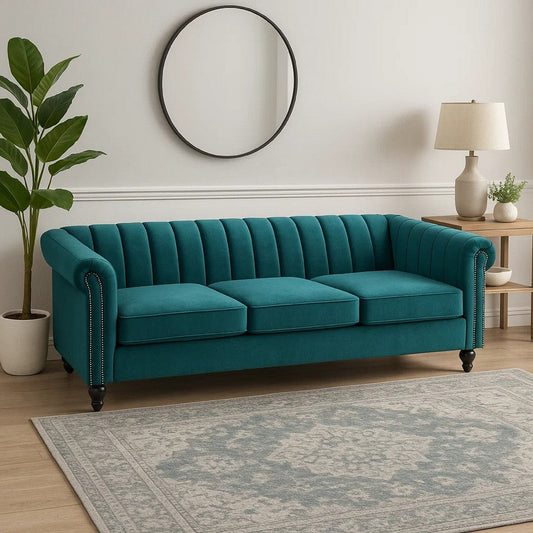 Omny Sofa, 84 Inch, Nailhead Trim, Scroll Arms, Channel Tufted Teal Velvet By Casagear Home