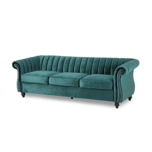 Omny Sofa, 84 Inch, Nailhead Trim, Scroll Arms, Channel Tufted Teal Velvet By Casagear Home