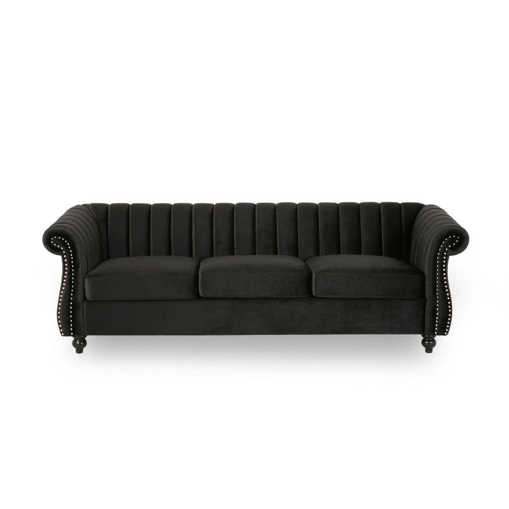 Omny Sofa 84 Inch Nailhead Trim Scroll Arms Channel Tufted Black Velvet By Casagear Home BM321724