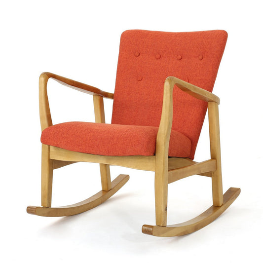 Jamy Rocking Chair, Brown Birch Wood Frame, Button Tufted Orange Polyester By Casagear Home