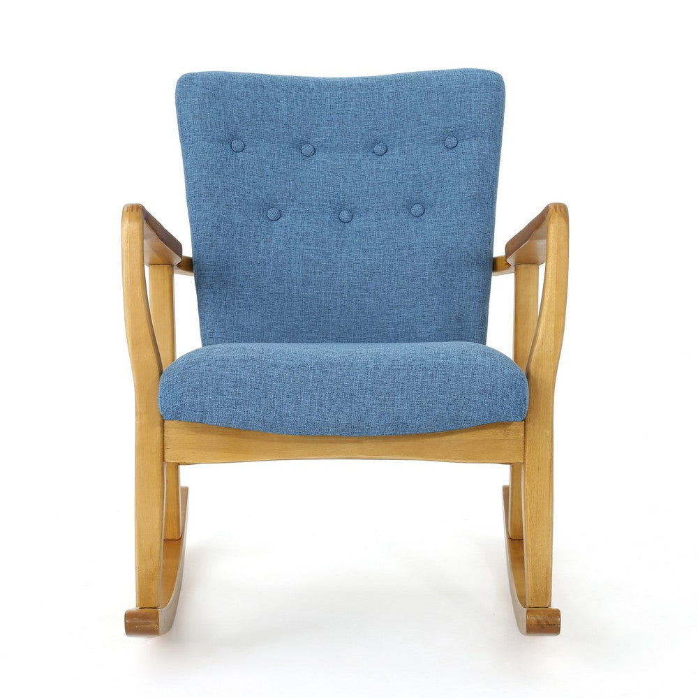 Jamy Rocking Chair Brown Birch Wood Frame Button Tufted Blue Polyester By Casagear Home BM321734